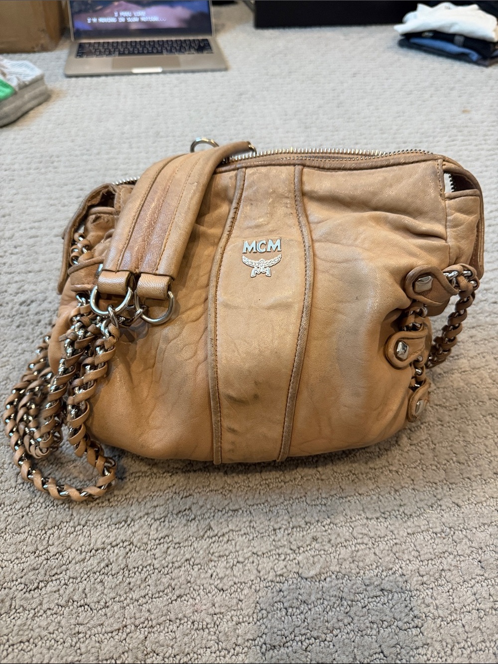 MCM Tan Pebbled Leather Chain Shoulder Bag